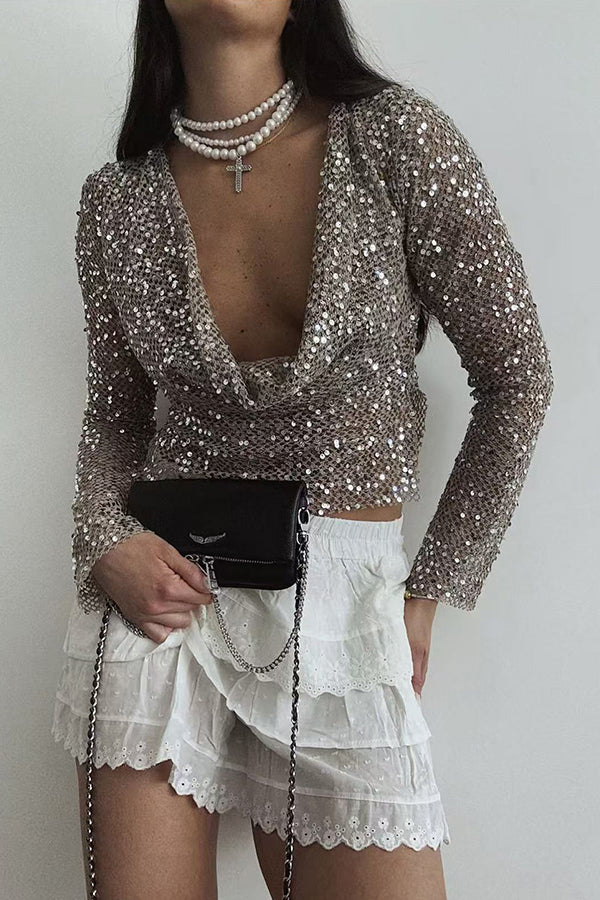 Sequined Fishnet Casual Long-sleeved Top