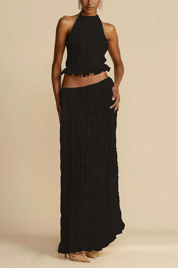 Versatility and Vintage Charm Pleated Drawstring Waist Tiered Maxi Skirt