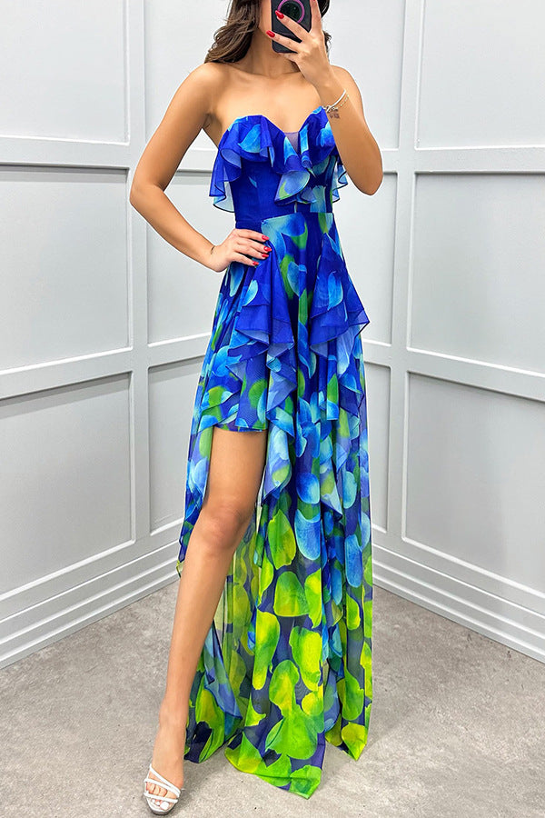 party gradient unique printed flowing layered pleated strapless slim fit long skirt
