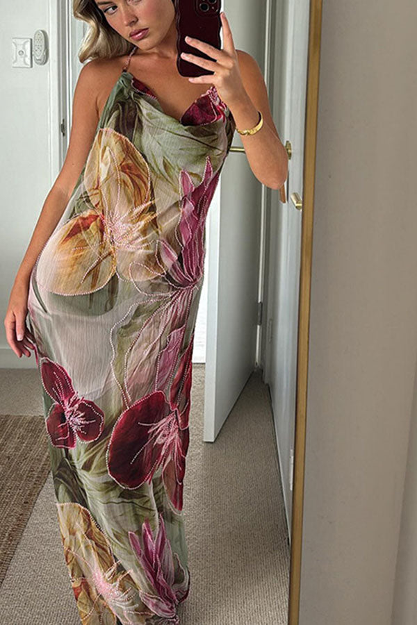 Floral Print Backless Slit See-Through Holiday Maxi Dress