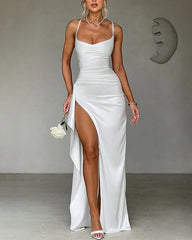 satin back tie, pleated hem, slit high low waist long skirt