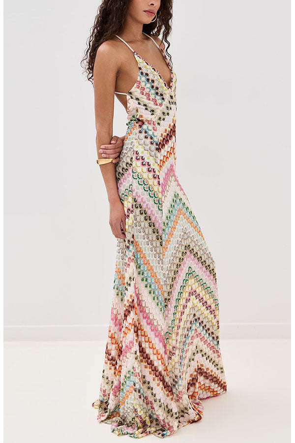 Missoni Knit Colorful Herringbone Print Open Beck Maxi Dress