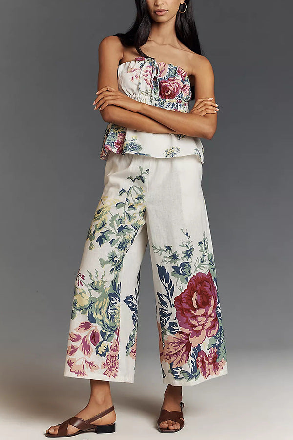 In To The Linen Blend Floral Print Elastic Bandeau and Elastic Waist Pocket Loose Pants Set