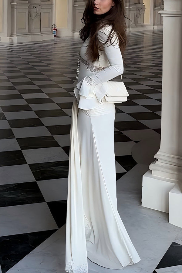 Lace Splicing V-neck Long-sleeved Slim Maxi Dress