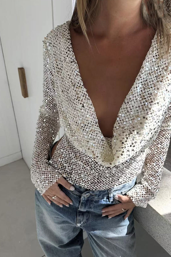 Sequined Fishnet Casual Long-sleeved Top