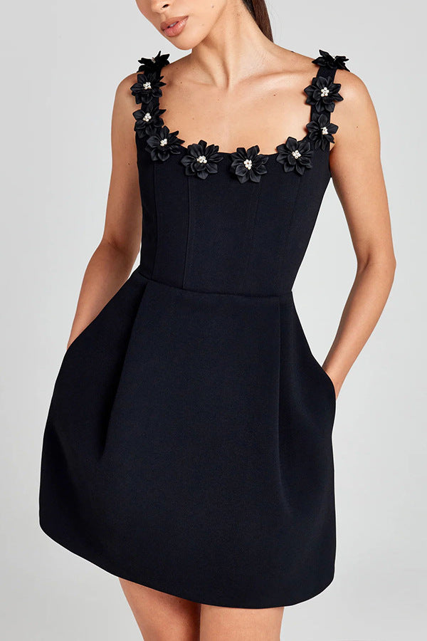 Party outfit, pearl flower decal, square strapless, collar, pocket, elegant mini dress
