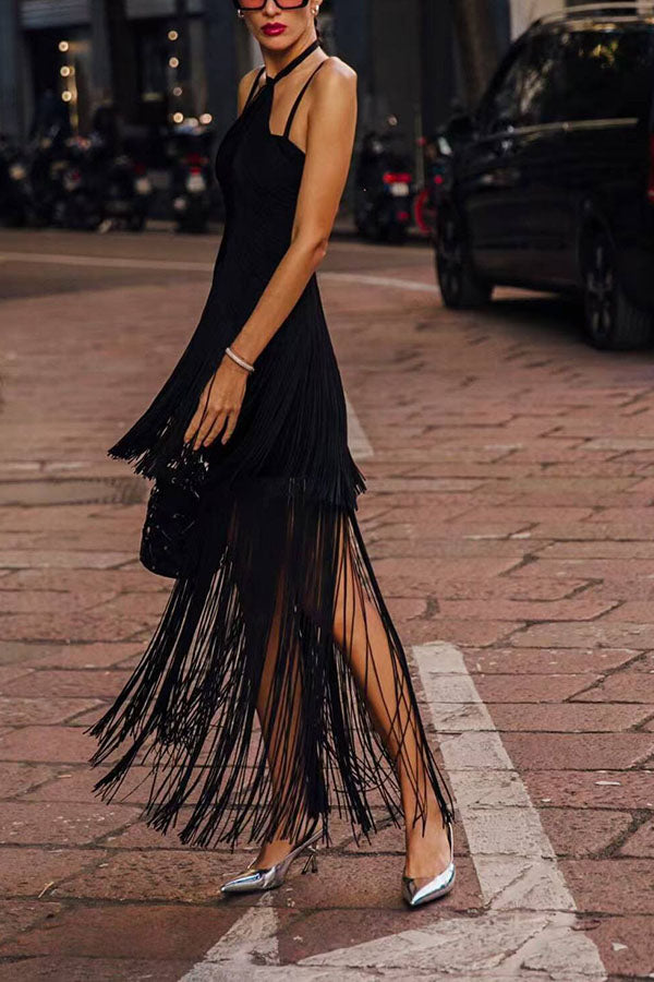 Halterneck Open Back Elegant Tassel Slim Maxi Dress