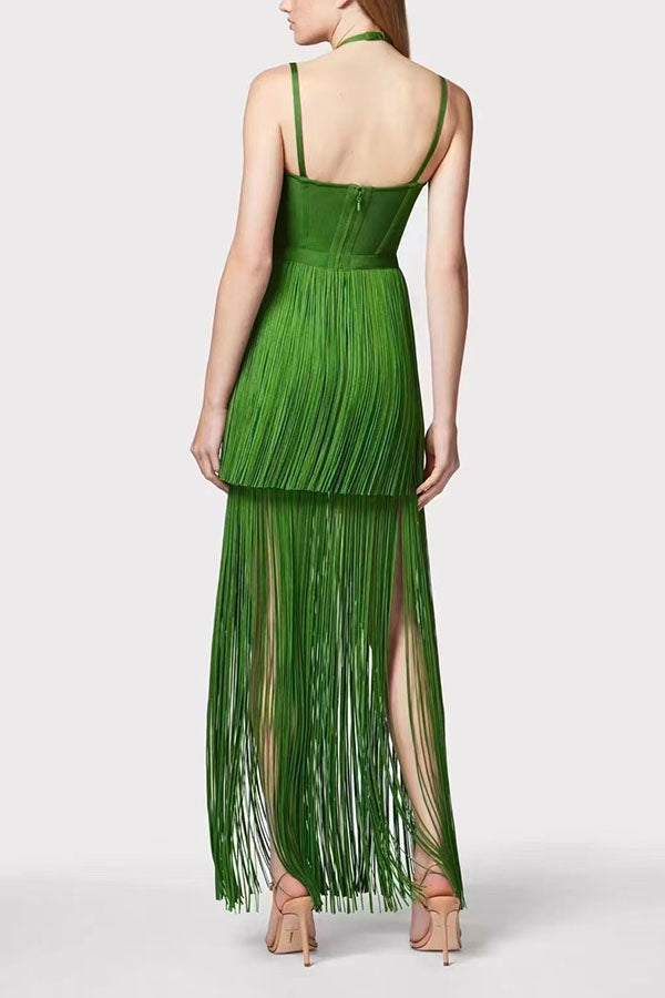 Halterneck Open Back Elegant Tassel Slim Maxi Dress