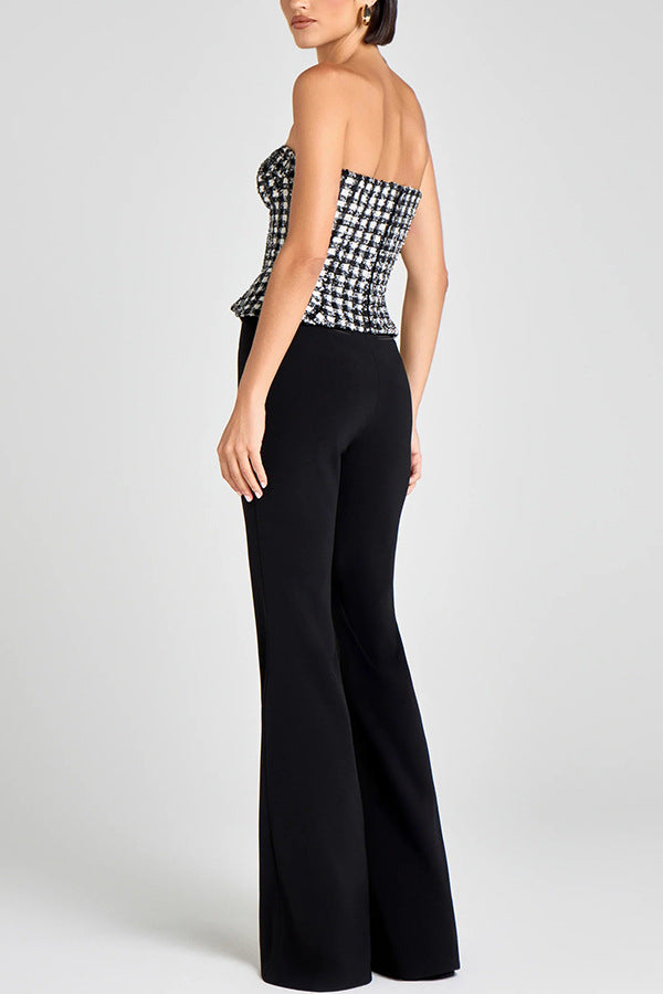 Maya Check Bouclé-tweed Fabric Sweetheart Neck Gold Button Strapless Tank