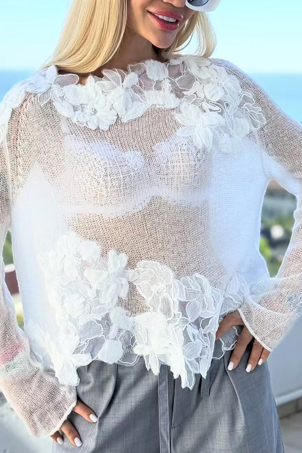 Lace Floral Casual Knit See-through Long-sleeved Top