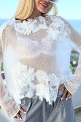 Lace Floral Casual Knit See-through Long-sleeved Top