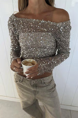 Sequined Fishnet Casual Long-sleeved Top