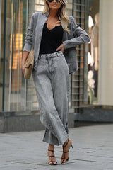 Casual Meetup Denim Stand Neck Long Sleeve Belted Loose Jacket