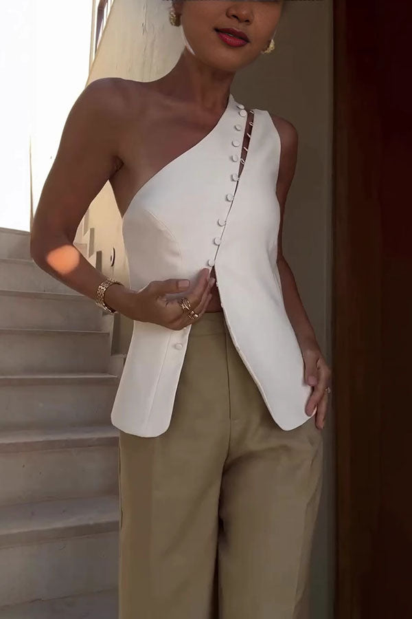 Full of Design Solid Color One Shoulder Asymmetric Slit Button Casual Vest