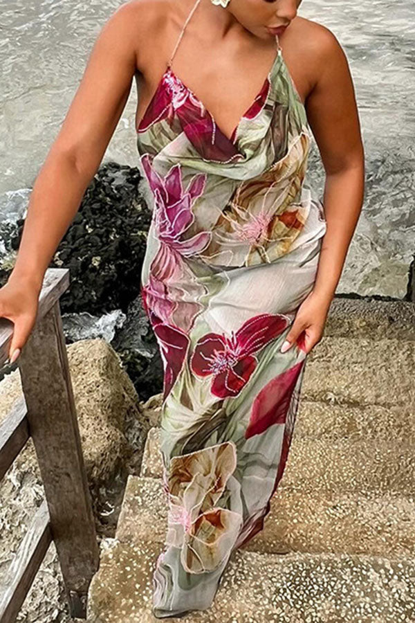 Floral Print Backless Slit See-Through Holiday Maxi Dress