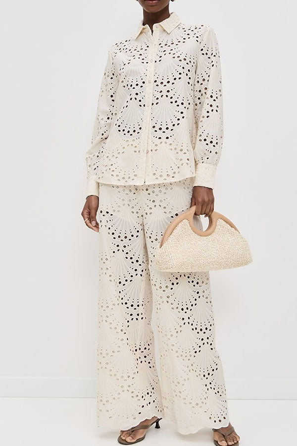 Lillah Embroidered Lace Shell Pattern Long Sleeve Loose Blouse