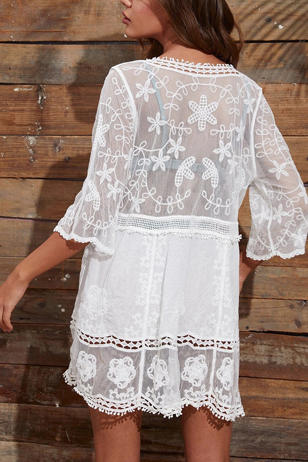 Lace V Neck Hollow Short Sleeved Cover Up