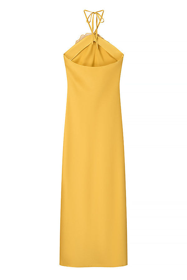 Beaded Large Flower Decoration Halter Neck Backless Maxi Dress