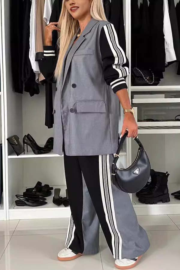 Consonak elegant double breasted autumn and winter loose long sleeved set color blocked straight leg pants set