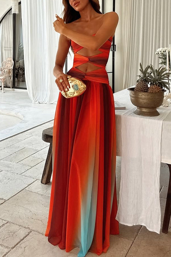 Sunset strapless Tassel Printed Twisted Hollow Off Shoulder Vacation Long Dress