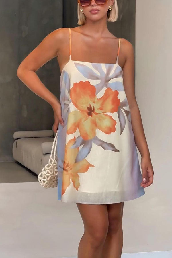 Surprise Linen Blend Floral Print Slip H-line Mini Dress