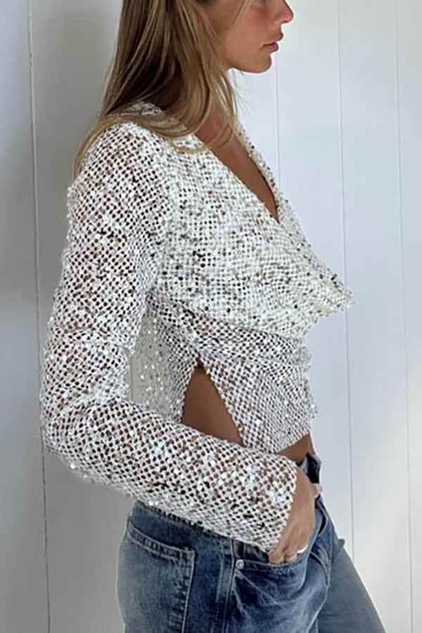 Sequined Fishnet Casual Long-sleeved Top