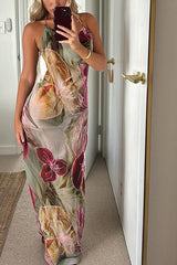 Floral Print Backless Slit See-Through Holiday Maxi Dress