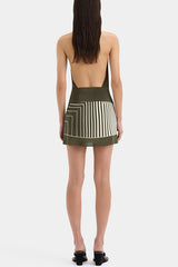 Eventâ�?Striped Beads Cowl Neck Backless Tie-up Mini Dress