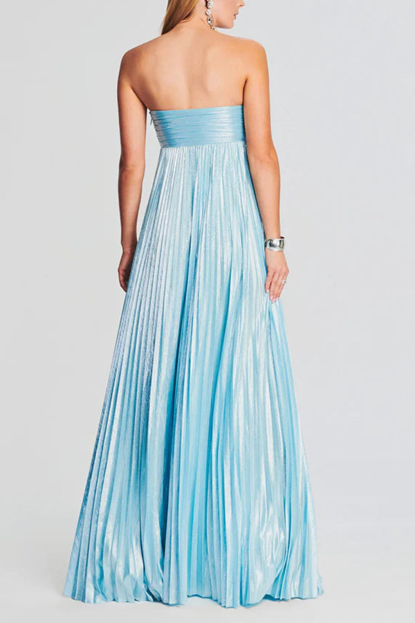 Metallic Tube Top Pleated High Slit Maxi Dress