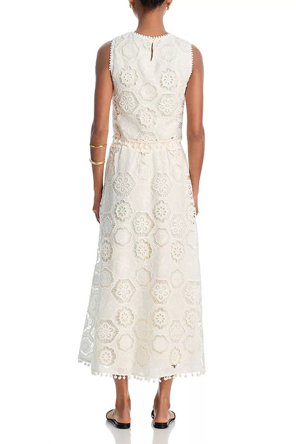 Embroidered Crochet Lace Tassle Trim Elastic Waist Midi Skirt