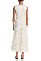 Embroidered Crochet Lace Tassle Trim Elastic Waist Midi Skirt
