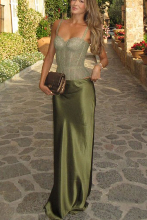 In A Fairytale Lace Satin Mid Rise Drape Maxi Skirt