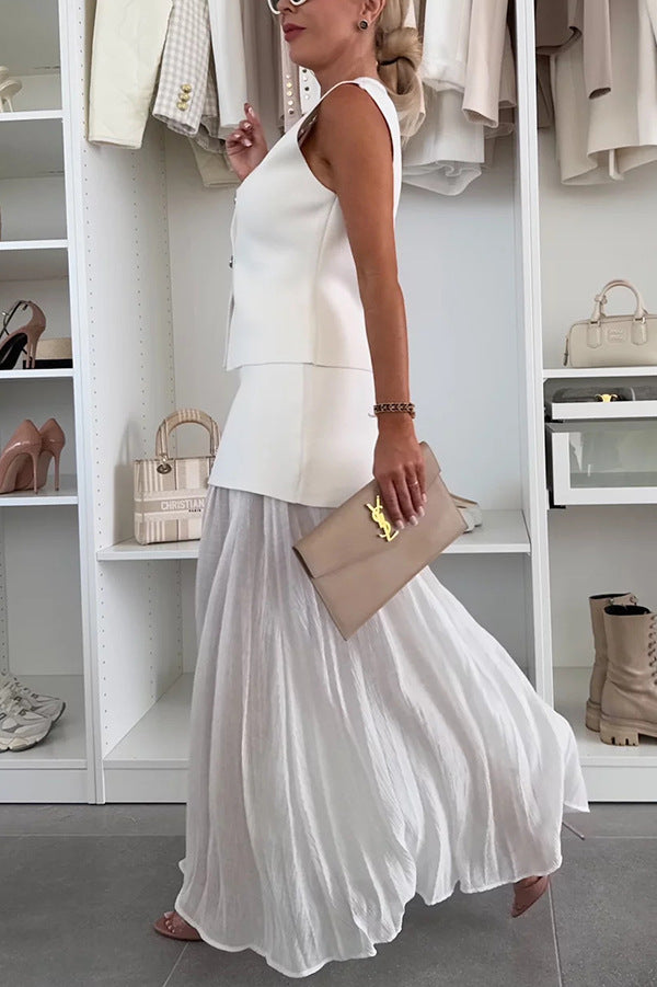 Elegant Knit Spliced Tulle Elastic Waist Pleated Maxi Skirt