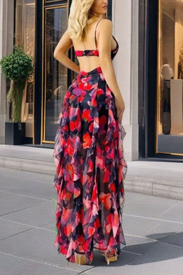 Millie | Floral Ruffle Long Skirt Chiffon Printed Fairy Style Long Style Evening Dress Coupon