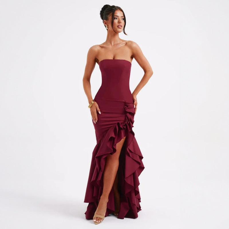 off shoulder, off shoulder strapless, hip hugging, irregular wave party dress