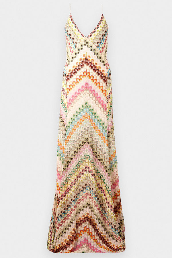 Missoni Knit Colorful Herringbone Print Open Beck Maxi Dress