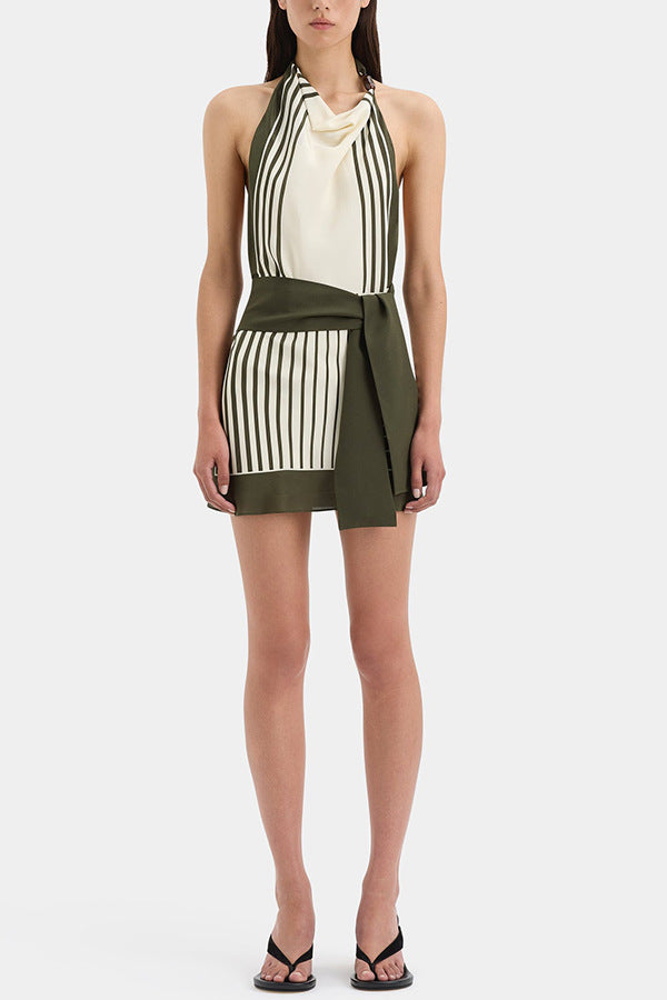 Eventâ�?Striped Beads Cowl Neck Backless Tie-up Mini Dress