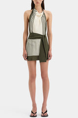 Eventâ�?Striped Beads Cowl Neck Backless Tie-up Mini Dress