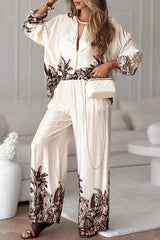 Botanical Print Loose Long-sleeved Shirt and Elastic Waist Pocket Casual Wide-leg Pants