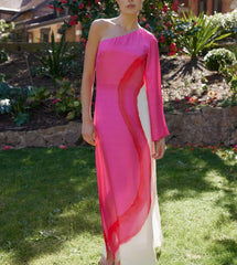 elegant contrasting printed single sleeve slit long skirt