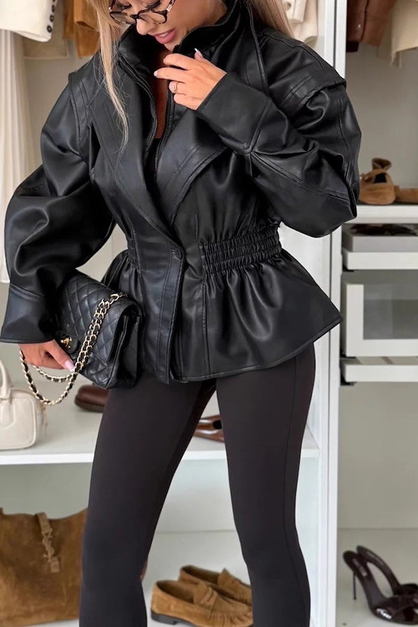 Play It Cool Faux Leather Single Button Elastic Waist Lapel Moto Jacket