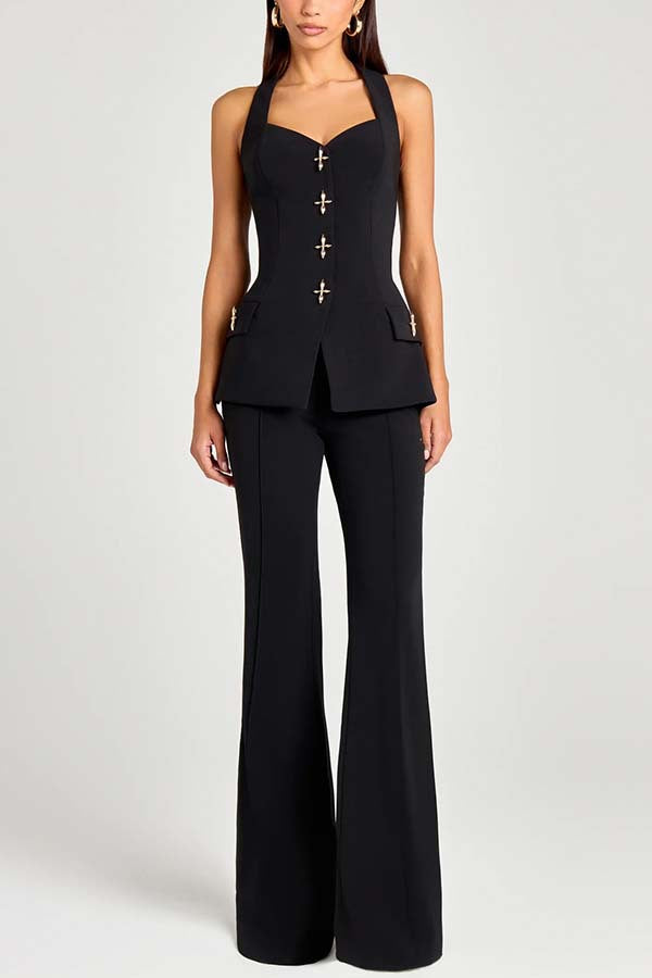 Power Metal Cross Snap Button Sweetheart Neck Wide Strap Vest