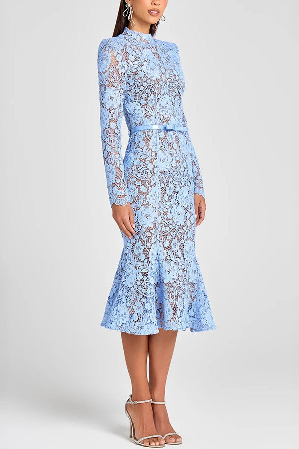 Feminine and Elegant Flower Lace Long Sleeve Bow Belted Flare Midi Dress