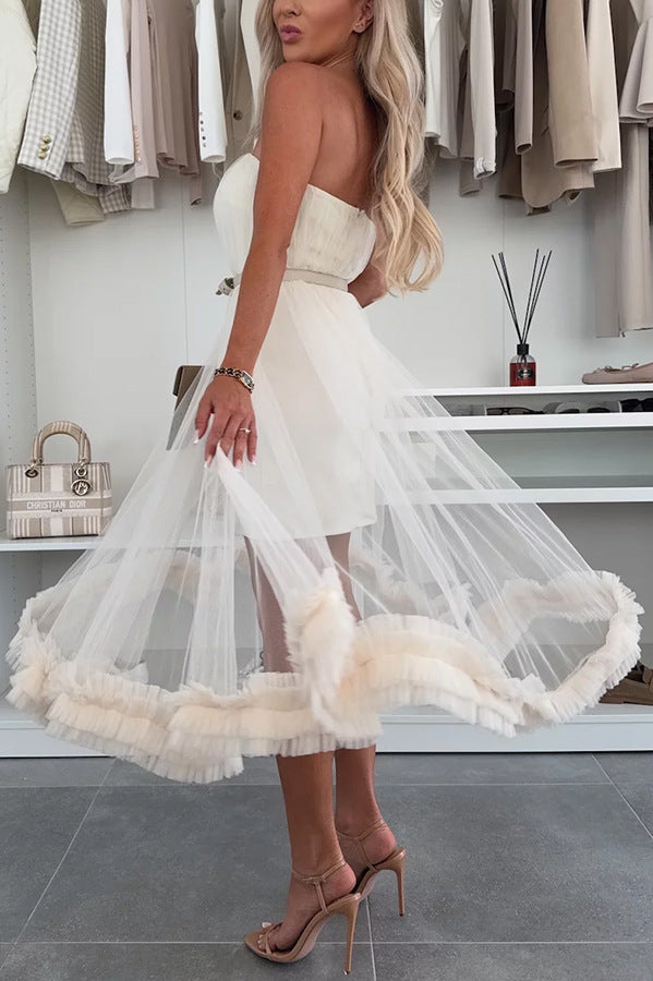 French charm chiffon off shoulder elegant pleated A-line dress