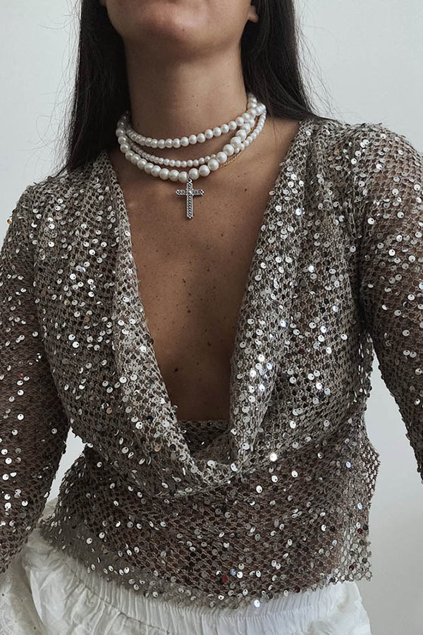 Sequined Fishnet Casual Long-sleeved Top