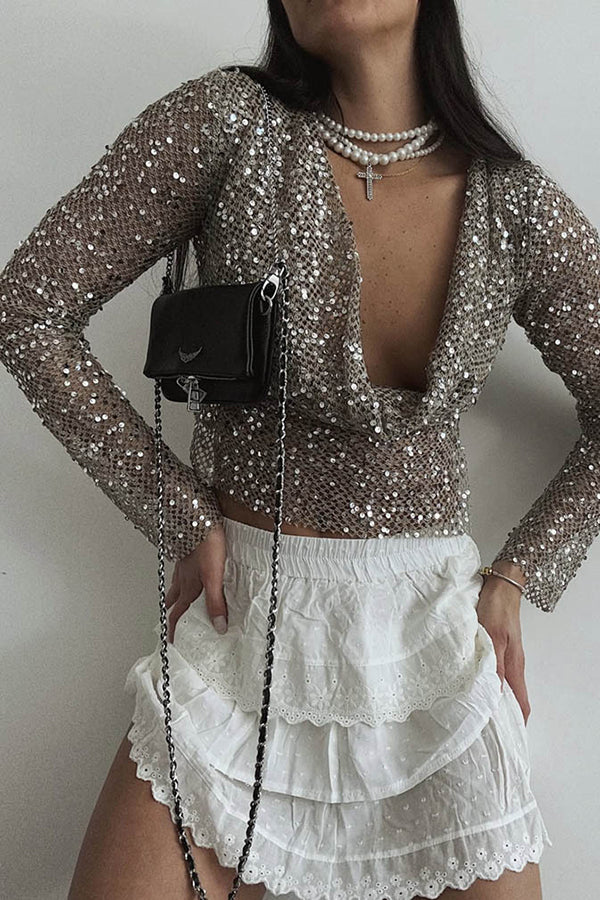 Sequined Fishnet Casual Long-sleeved Top