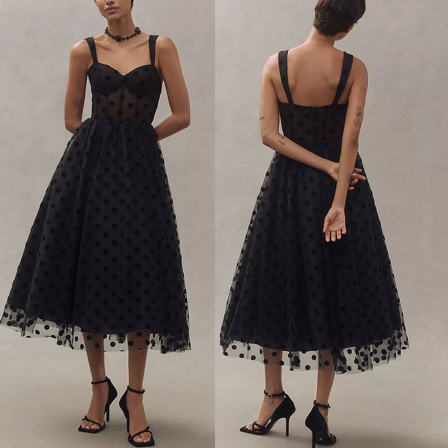 mesh black dot zipper dress INS casual loose strapless suspender party dress