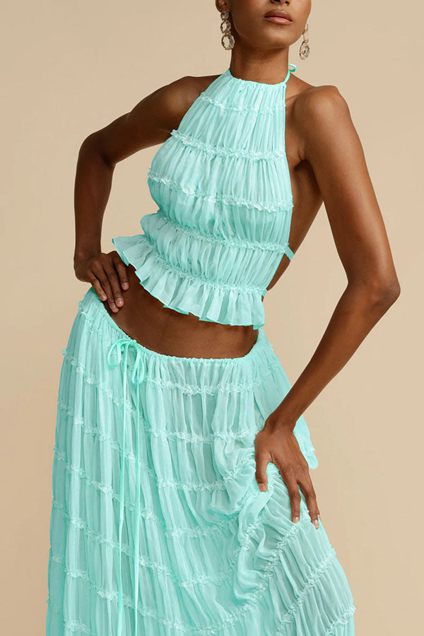 Versatility and Vintage Charm Pleated Drawstring Waist Tiered Maxi Skirt