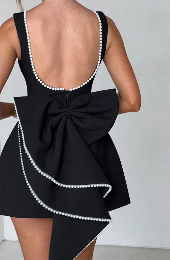 Pearl-embellished Large Bow Slim-fit Mini Dress