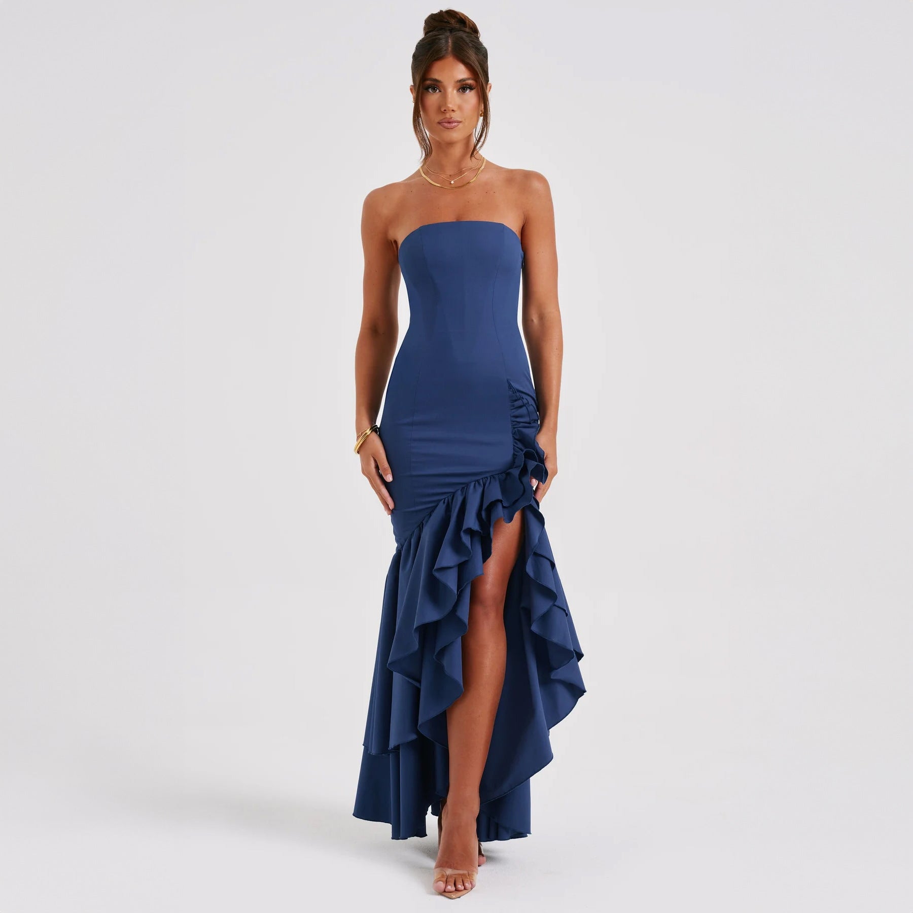 off shoulder, off shoulder strapless, hip hugging, irregular wave party dress
